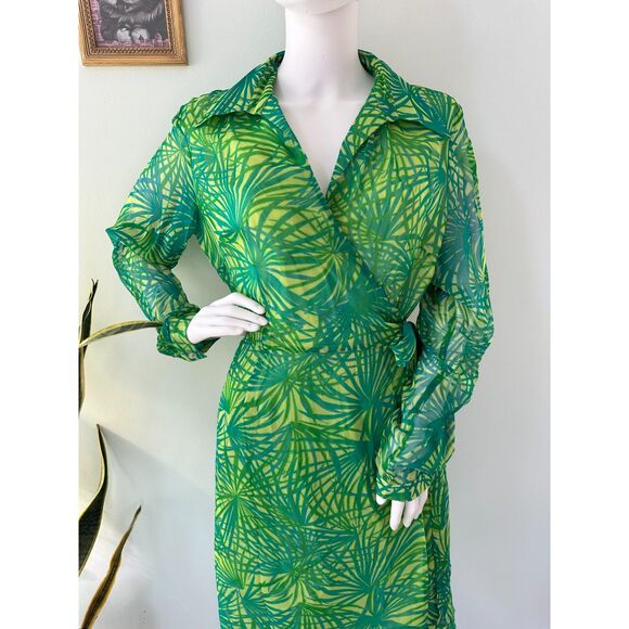 ICE Vintage Silk Wrap Dress Green Tropical Palm Print Chiffon Midi Summer Sz 12 - Picture 9 of 11